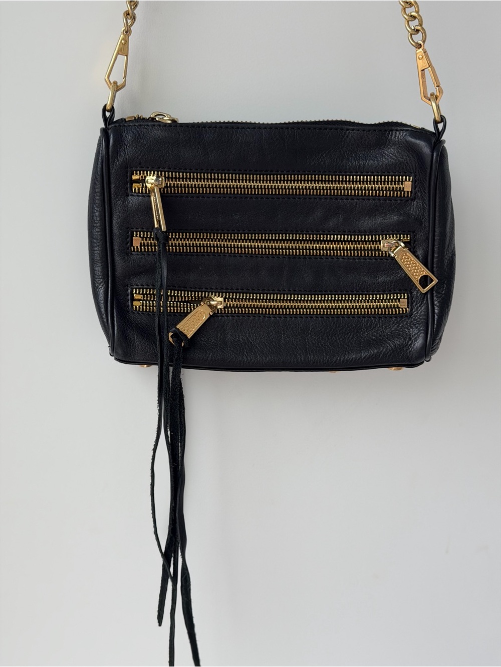 Rebecca Minkoff Black Leather Crossbody with Gold Chain Strap